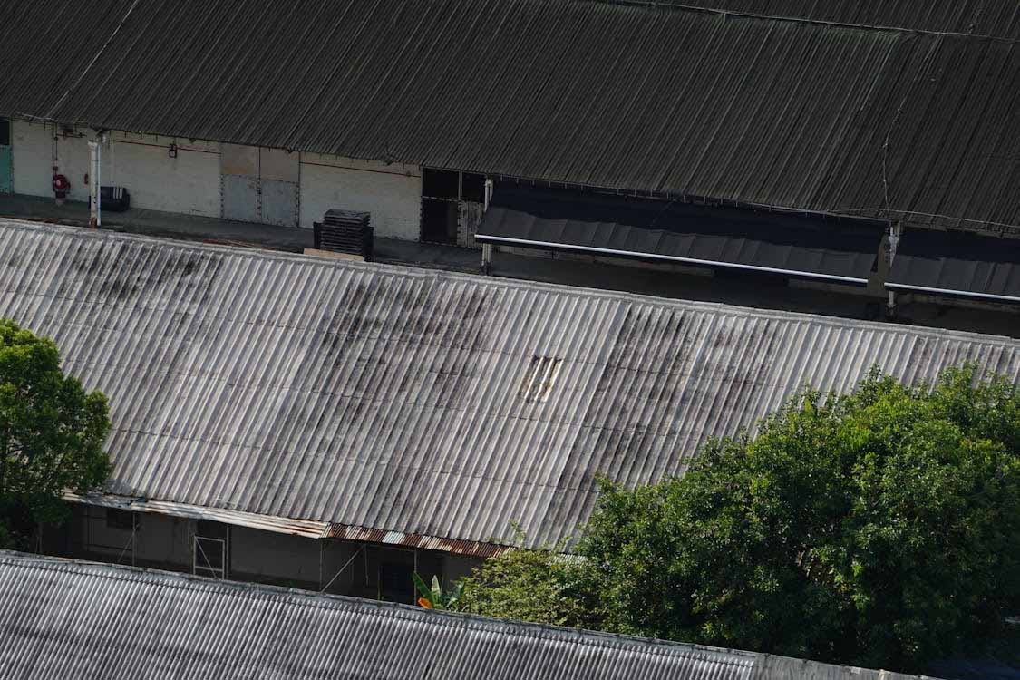 Aerial view of an ageing corrugated metal roof with visible wear and staining, showing signs a roof may be beyond repair.
